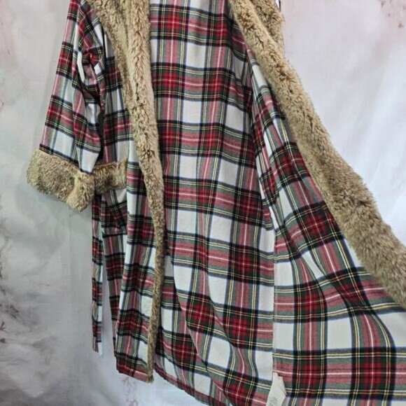 Pottery Barn Robe Women Plaid Faux Fur Hooded Flannel Holiday Christmas Stewart - Picture 11 of 14